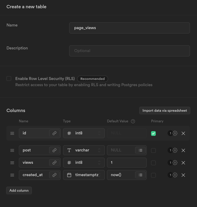 Creating the page_views table in Supabase