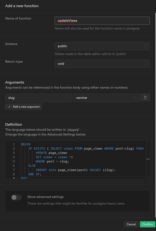 Creating the updateViews database function